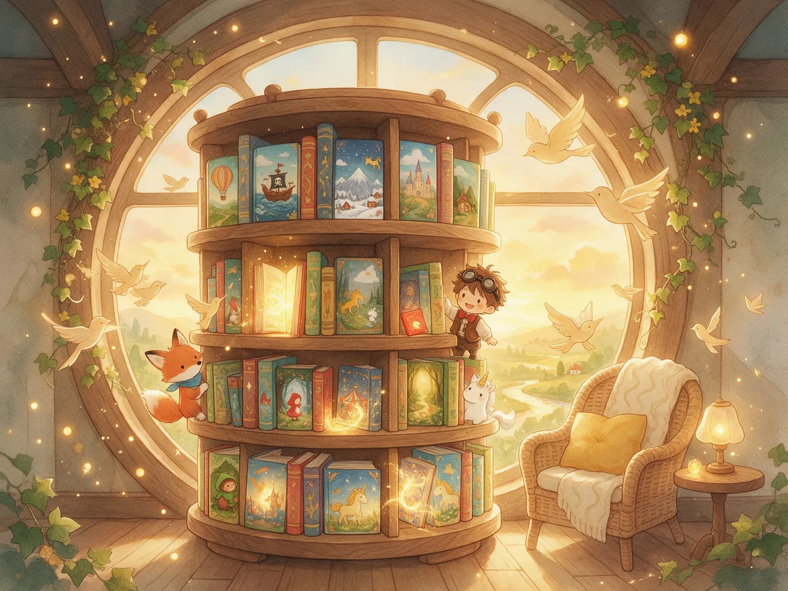 Een ronde boekenkast vol prentenboeken voor een groot rond raam, met een vos, een eenhoorn en een jongen die een boek pakt