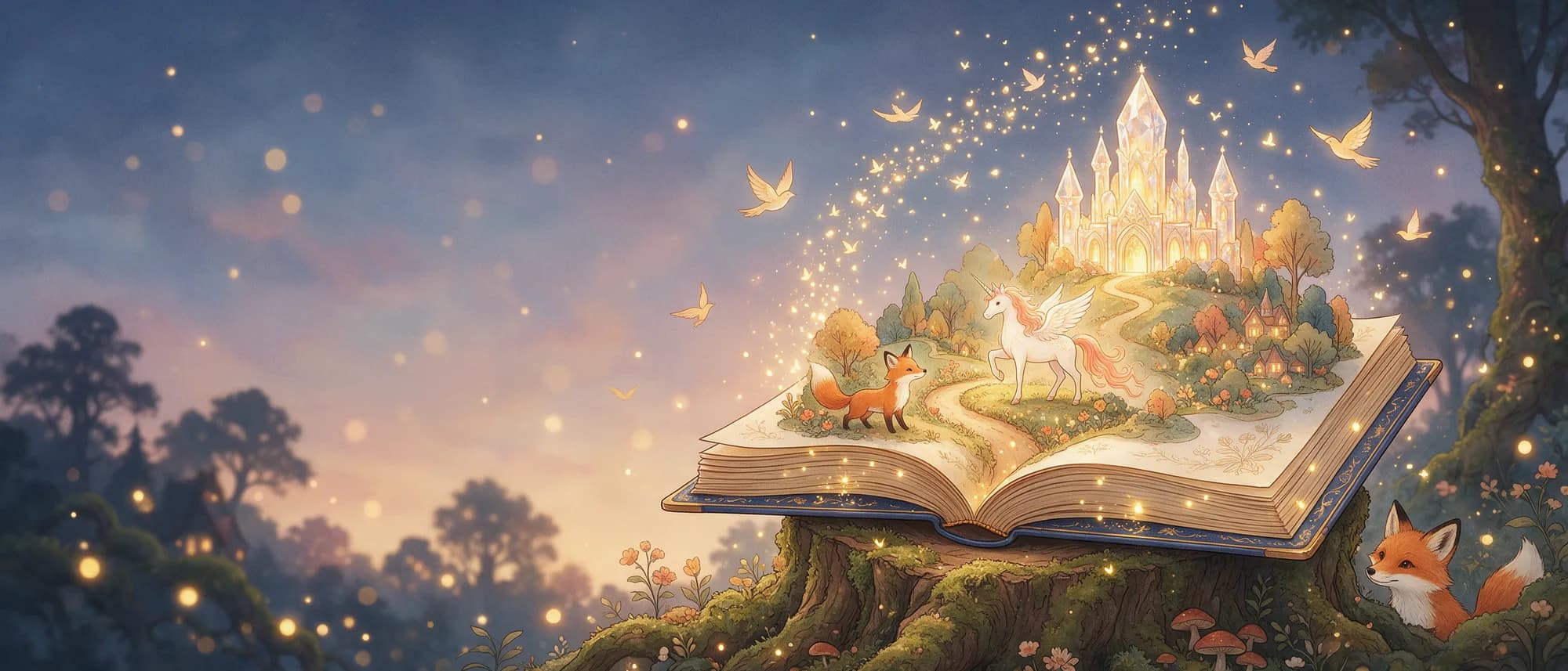 An open book with an enchanted world rising out of it